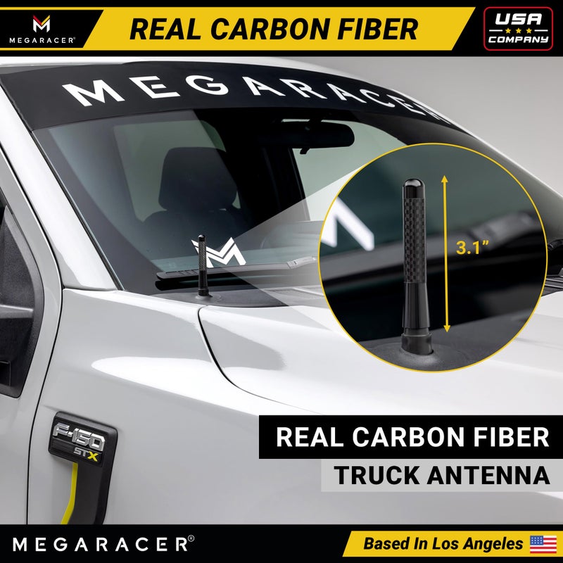 Mega Racer 3" Short Black Carbon Fiber Truck Antenna for Ford F150 F250 Bronco RAM 1500 Chevy Silverado GMC Sierra Wrangler Gladiator Tundra Tacoma RAV4 Rogue, Car Wash Safe, Small Stubby Replacement Accessories - Image 2
